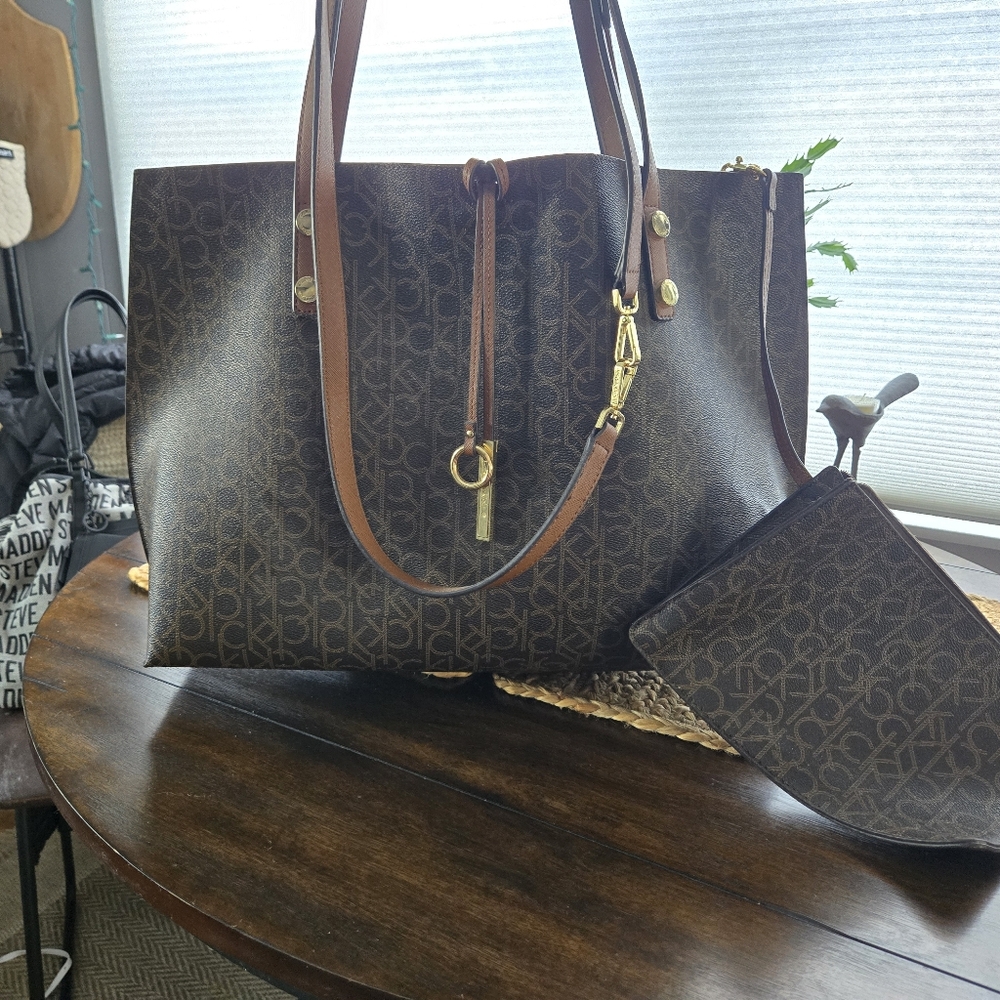 Calvin Klein Brown Designer Tote Bag with Pouch